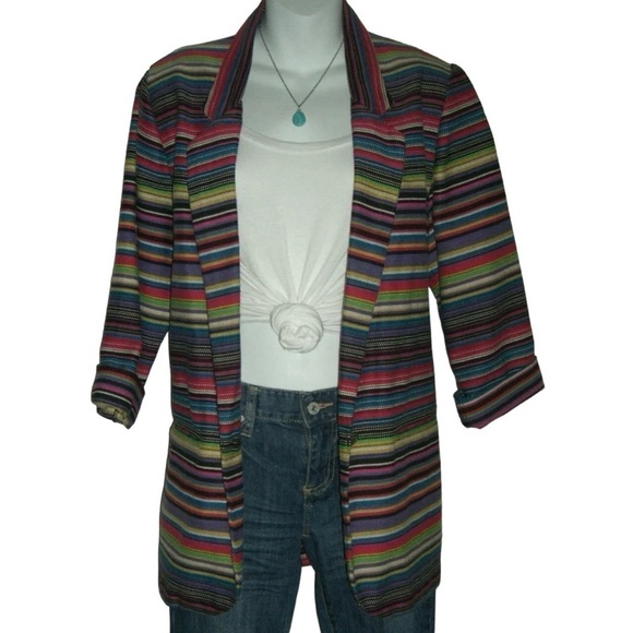 Vintage 80s Rainbow Striped Oversized Blazer Bohemian Southwestern Boho Festival - Picture 2 of 11